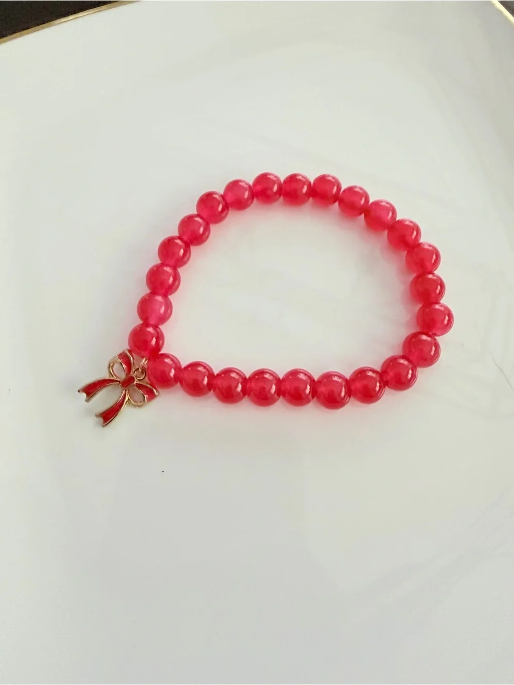 Gold Bow Charm Red Beaded Bracelet for Women